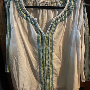Vineyard Vines White Peasant Tunic with Blue & Yellow Embroidery